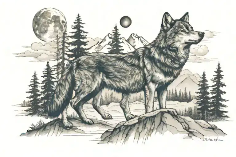 Forrest With Mountains And Wolf Howling At The Moon