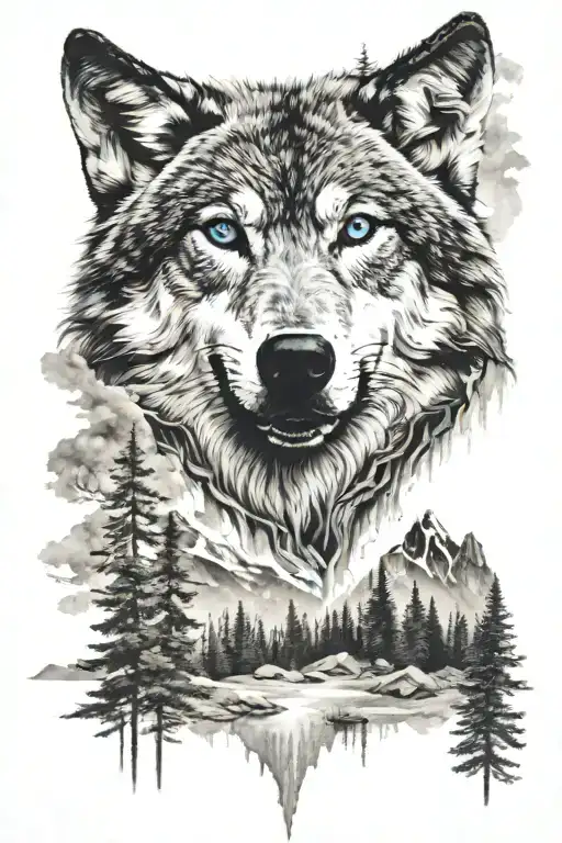 Wolf Blue Eyes Trees Mountain Range