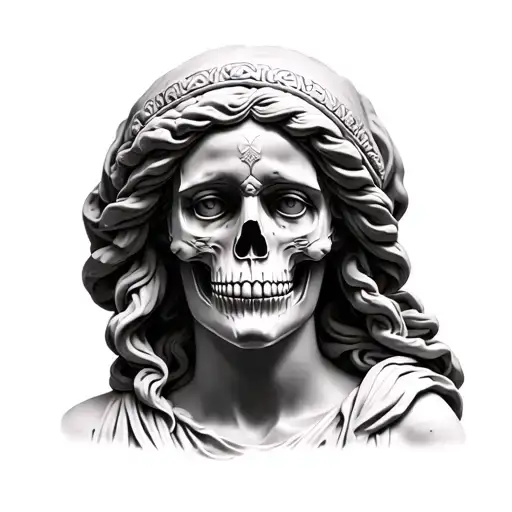 Women Greek Statue With Half Skull Face