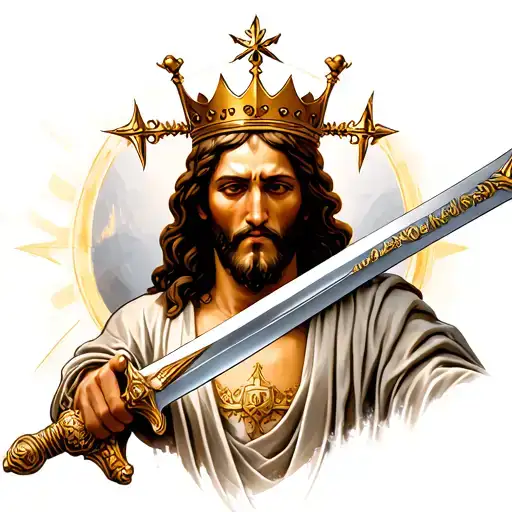 Jesus With A Crown And Sword In Aggressive Look