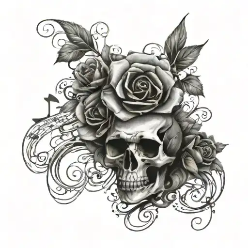 Music Tattoo With Blend Of Skulls And Roses Intertwined