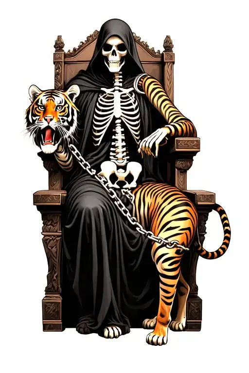 Grim Reaper Sitting On Throne Made Of Skeleton Holding A Chain Attached To Tiger