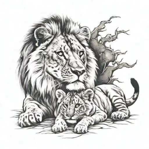 Picture Of Father And Baby Lion Surrounded