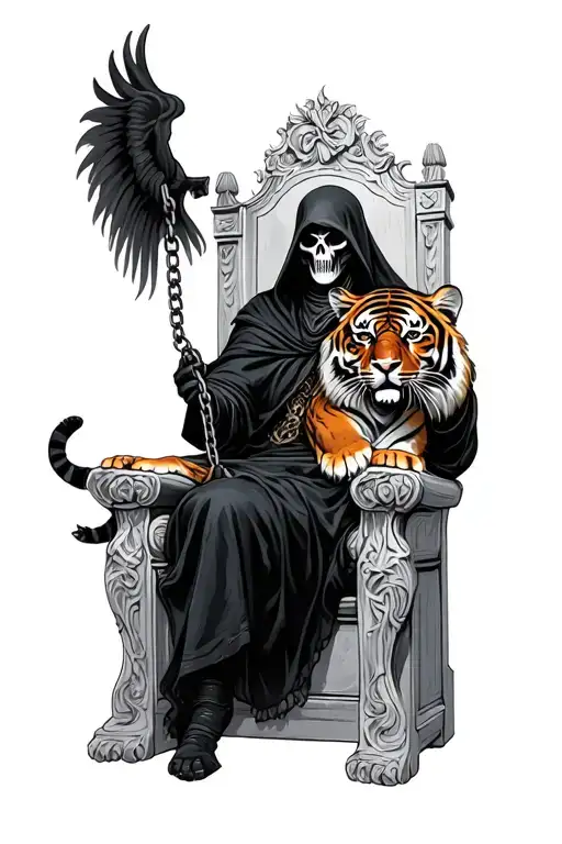 Grim Reaper Sitting On Throne Holding A Chain Attached To Tiger
