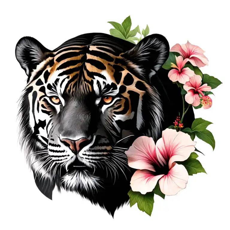 Tiger Head With Hibiscus Flowers Growing