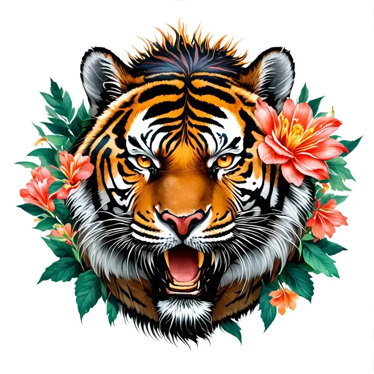 Tiger With Gragon Haku With Flower