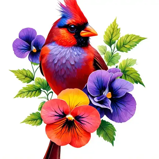 Cardinal With Purple Pansy Flower