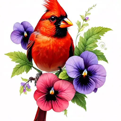 Cardinal With Purple Pansy Flower