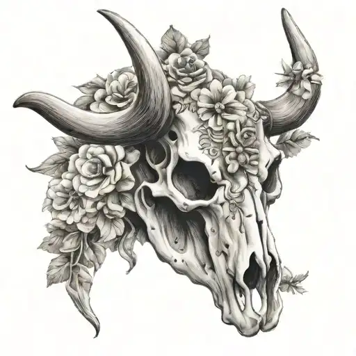 Texas Longhorn Skull With Flowers Blooming
