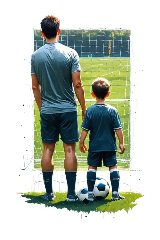 A Man And A Child From Behind Who Look At A Soccer Field
