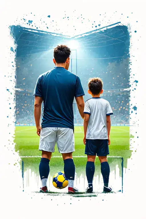 A Man And A Child From Behind Who Look At A Soccer Field