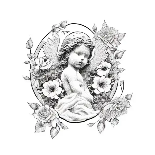 A Blackwork Tattoo Of A Sculptural Angel Surrounded By A Field Of Roses