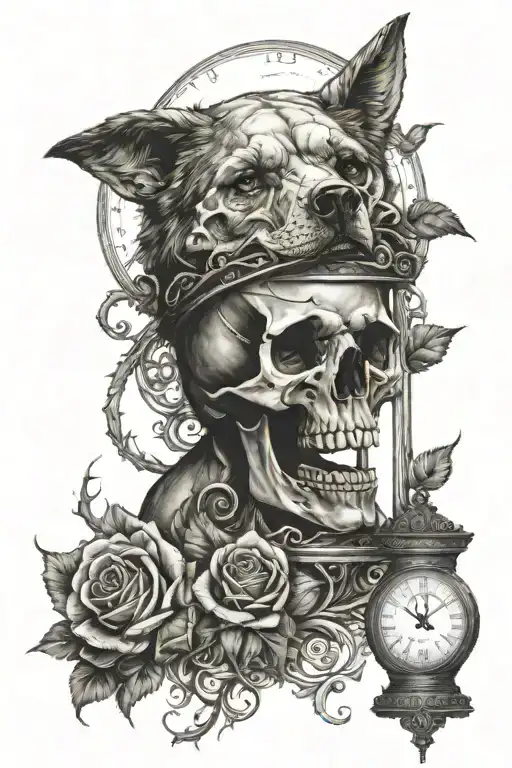 Skull And Roses Wrapped Hourglass Wolf Howling At The Moon