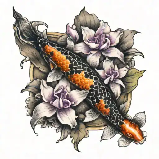Koi Fish With Orchid Flowers