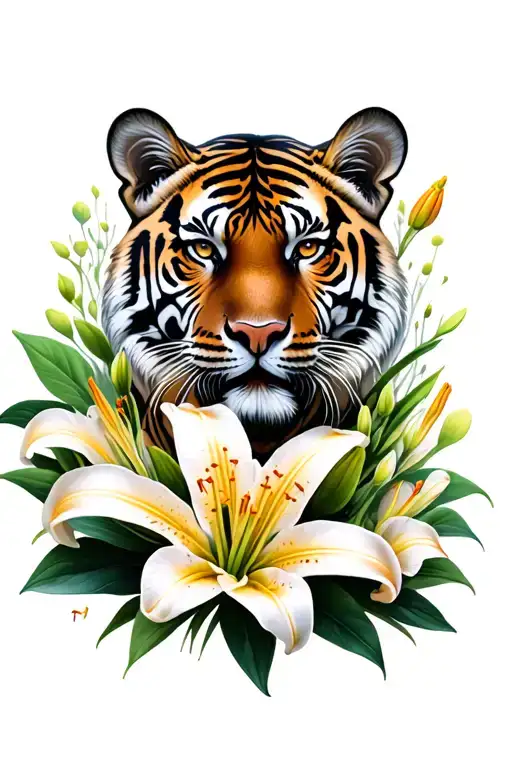 Lily Flower And Tiger Face Surrounded