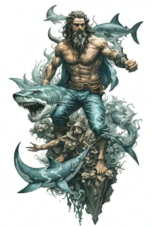 Underwater Poseidon Statue With Shark Swimming And Diver With Flashlight