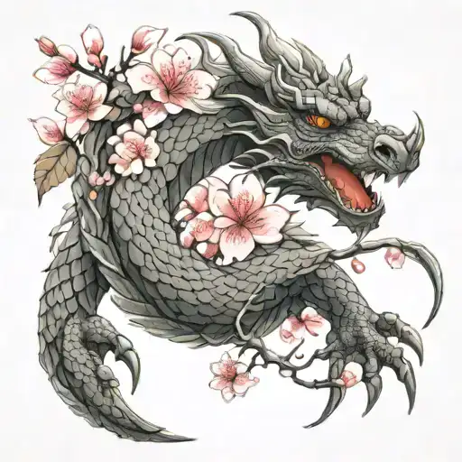 Dragon Wrapped Around Arm With Its Tail That Turns Into Cherry Blossom Onto Chest