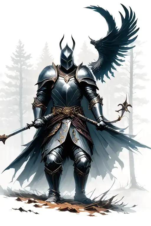 Dark Fantasy Knight In Battle Scene In Forest