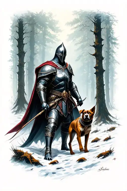Dark Fantasy Knight In Battle Scene In Forest With Dog