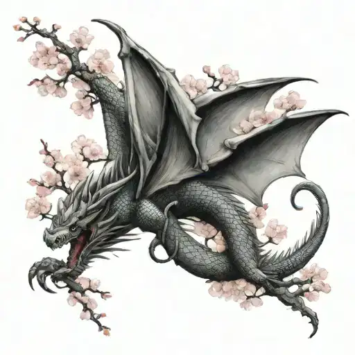 Dragon Around Arm With Its Tail That Turns Into Cherry Blossom Onto Chest