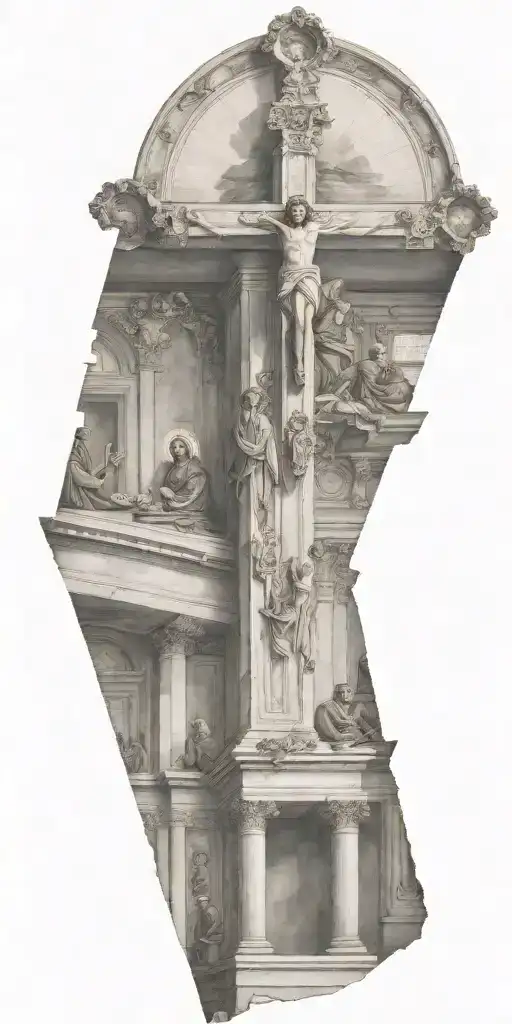 The Inside Of A Catholic Church With An Upside Down Cross And The Last Supper