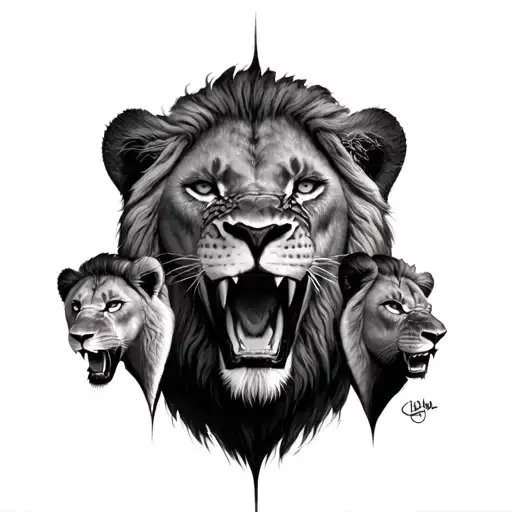 A Lion With A Scar On One Eye On The Shoulder And 2 Other Lion Under It Roaring