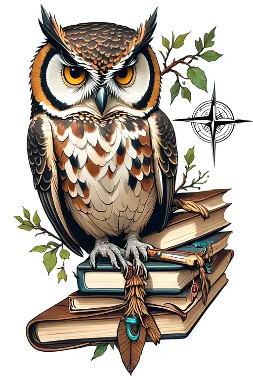 Owl With Books And Compass Surrounded
