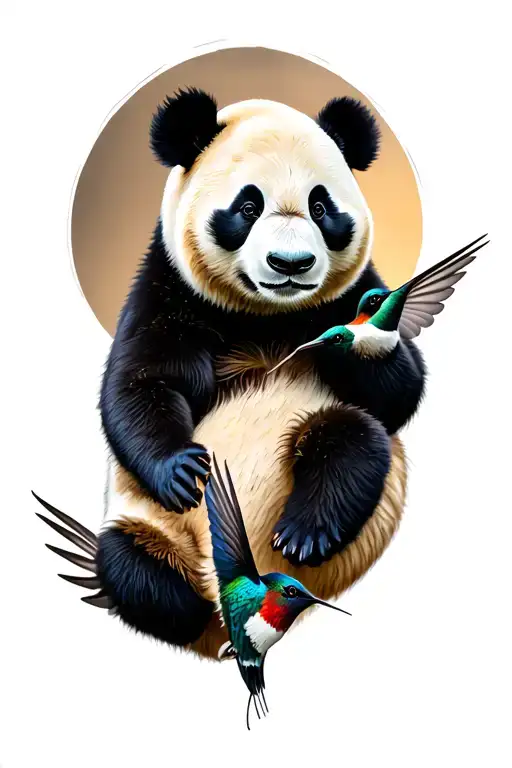 Panda Bear Whit Colibri Flying