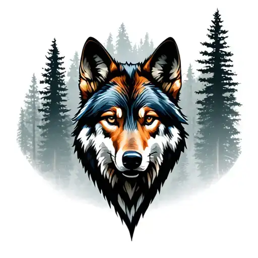 Tattoo Of A Wolf Silhouette In A Large Forest In The Background