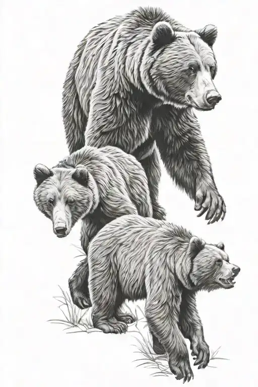 Papa Bear With 2 Bear Cubs Walking