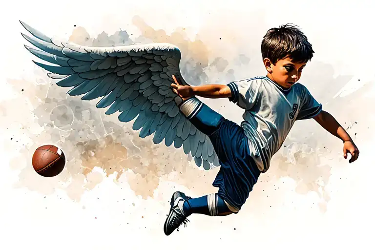 Boy With Wings That Kicks A Football Ball