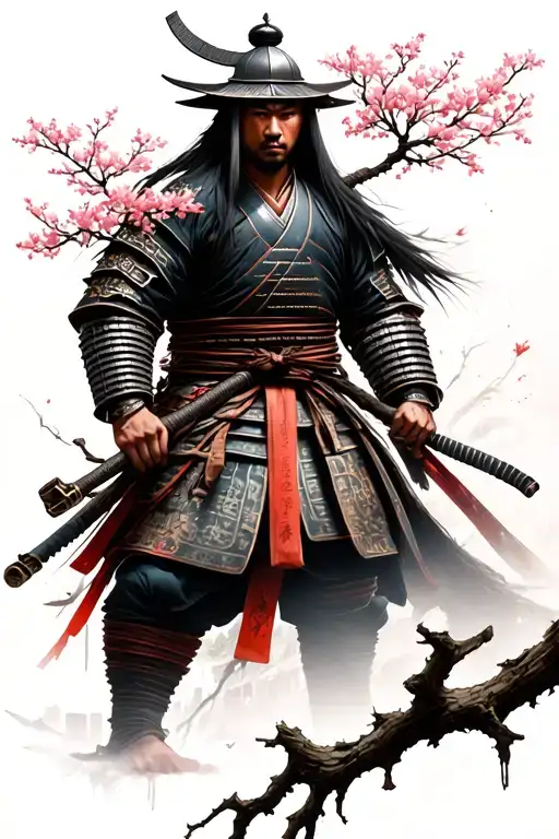 Samurai Warrior Sakura Tree Branch Temple Ruins