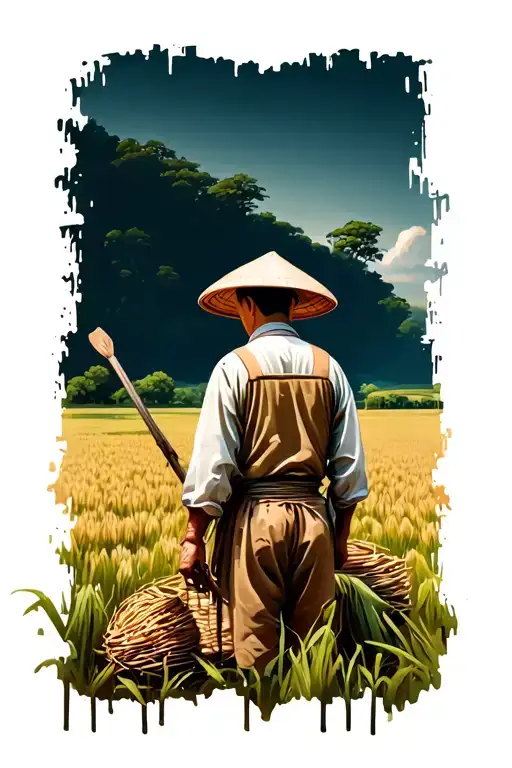 Old Chinese Farmer Working In Field Facing Away