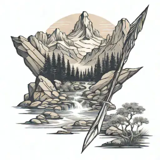 Mountain River Landscape With Arrow Going Through Middle Vertically