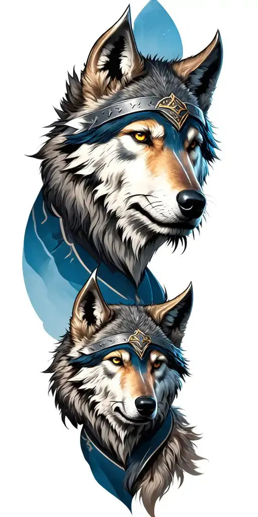 At The Top At The Shoulder Face Of Viking Warrior And Below At The Forefront A Wolf Head