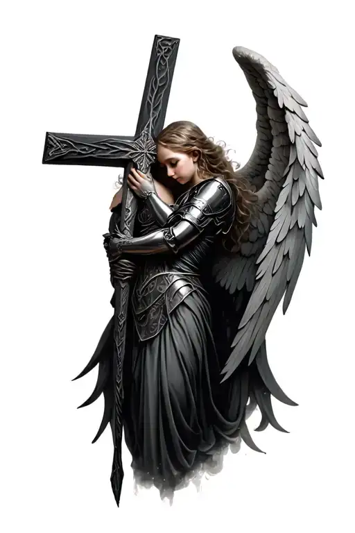 Gothic Angel With Armor Hugging A Cross