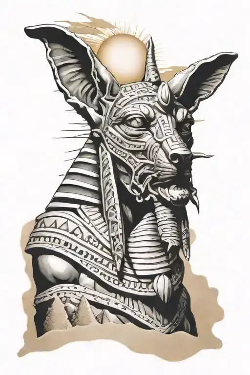Anubis God With Pyramids Underneath Sun Setting Wind Blowing Sand