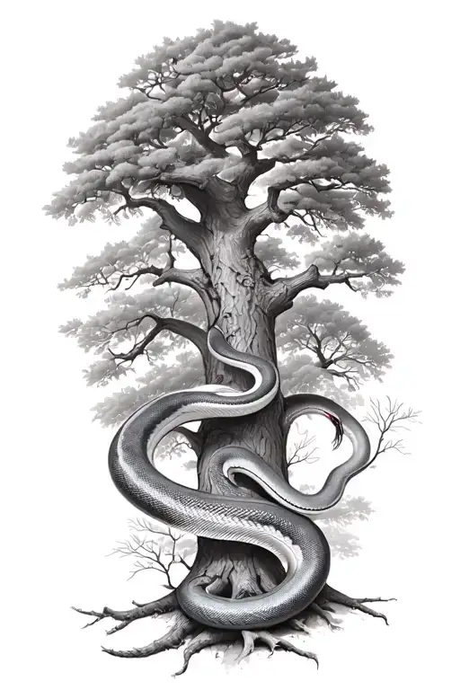 Snake Wrapped Around A Full Oak Tree With Branches