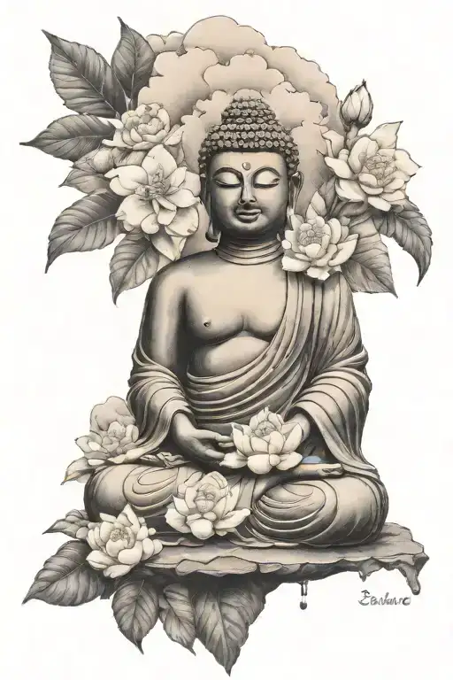 Buddha With Loutus Flowers And Cloud Background