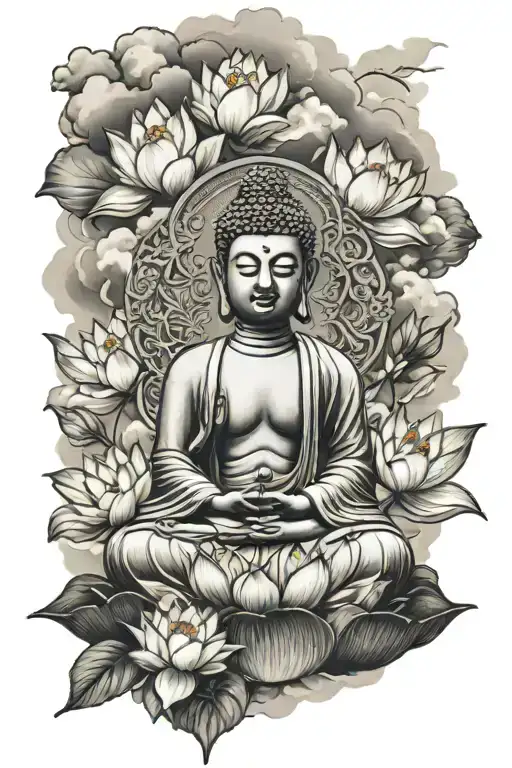Buddha Around Cloud And Lotus Flower