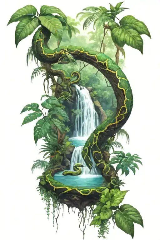 Rainforest Waterfall With Snake On Branch