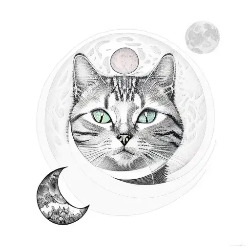 A Minimalist Tattoo Of A Cat Surrounded By Flowers And A Moon In The Background