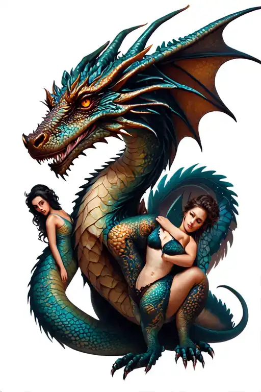 Hyper Realistic Mythical Dragon With Sexy Gothic Fairies