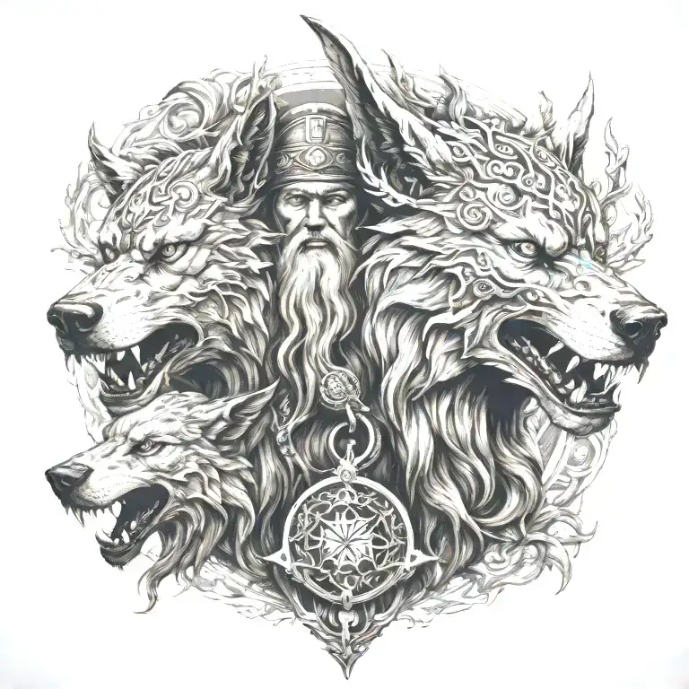 Odin With Covered Eye Fighting Fenrir Skol And Hati