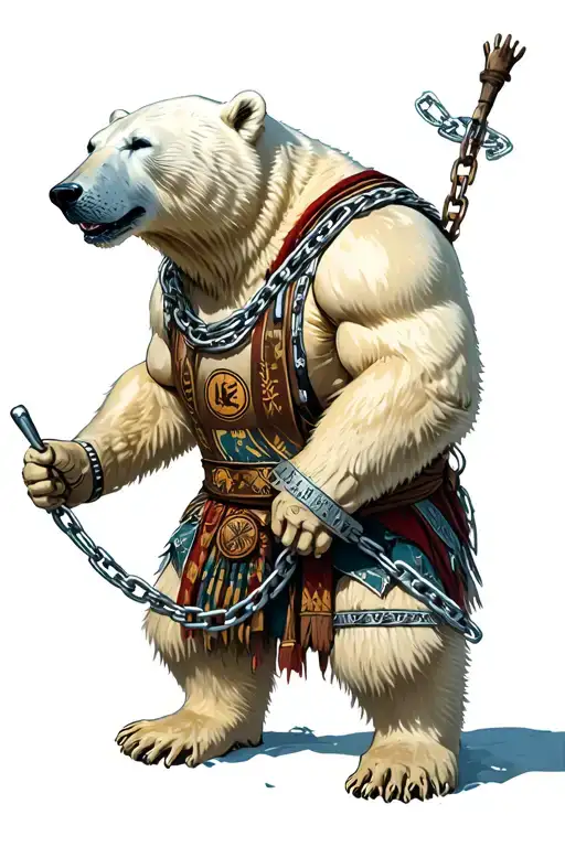 Polar Bear Wearing Chains Attacked By Eskimos Warrior With Symbols