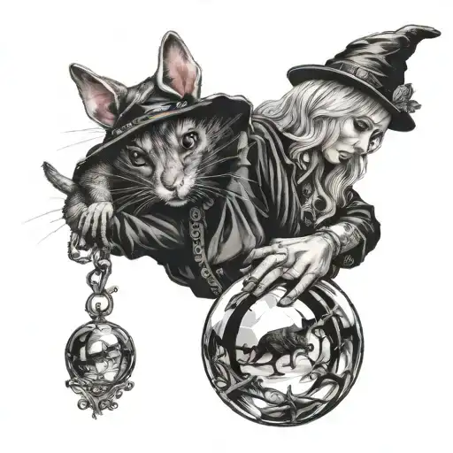 A Witch Holding A Rat In Her Hands With A Crystal Ball In The Background