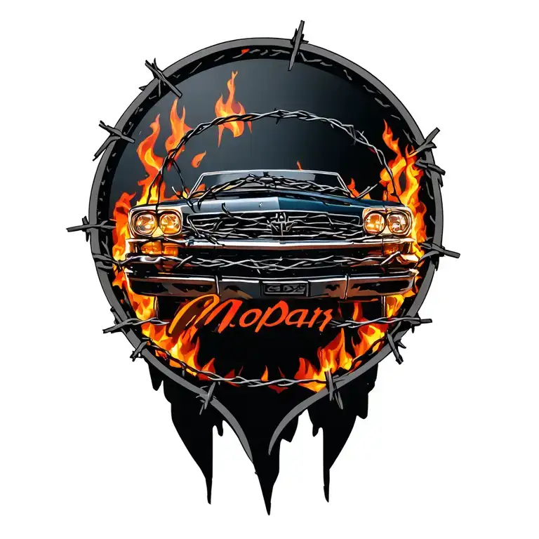 Mopar Logo In Flames With Barbed Wire Wrapped Loosely