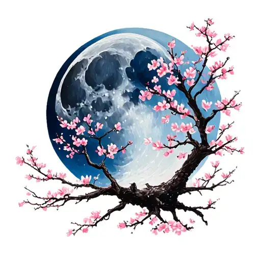 Moon And Cherry Blossom Tree