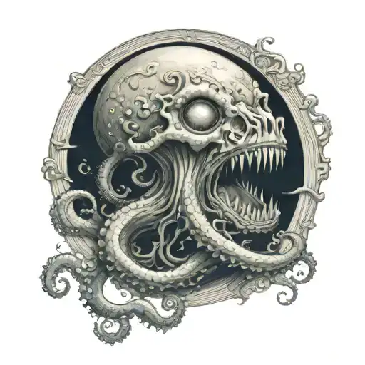 Octypus Moon With Calm Eyes Large Jaws Swallowing A Woman Out Of The Ocean Moon