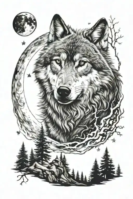 Wolf On Moon In Forest